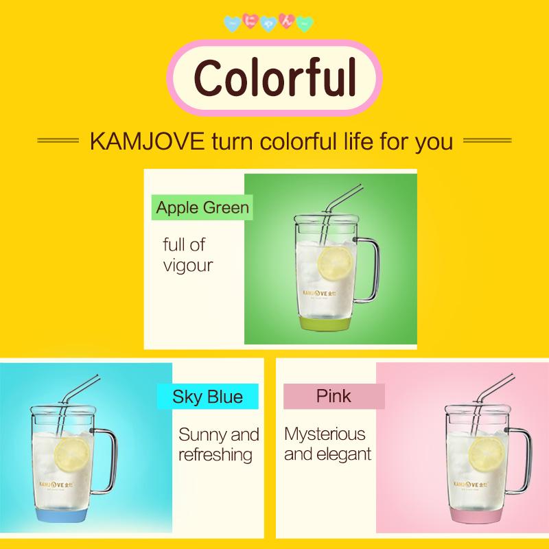 KAMJOVE Skleněný hrnek s víčkem odolný vůči teplu, Módní dámský hrnek se slámkou, Průhledný skleněný hrnek, Opakovaně použitelný AC-100 500ML hrnek na džus