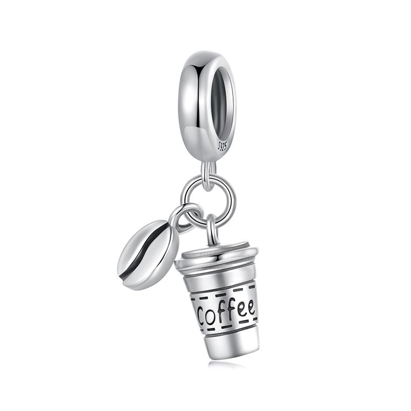 WOSTU Silver Coffee Cup Charm Zircon 925 Sterling Silver Cafe Bead Fit Original Bracelet Bangle DIY Pendant Jewelry For Women