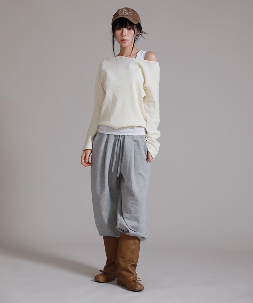 LIKE THE MOST Women'S Waffle Boat Neck Shoulder Loose Fit Long Sleeve T-Shirt_Ivory