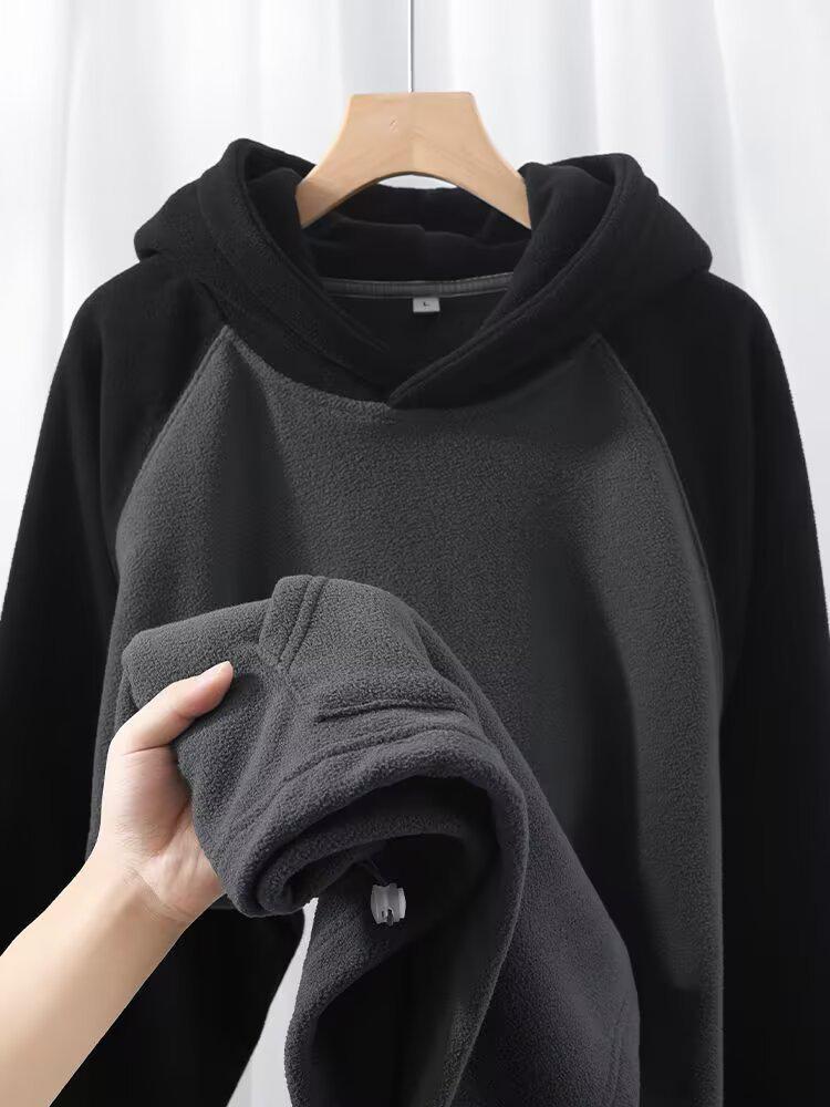 American Retro Black & Gray Color-Blocked Raglan Hoodie: Heavyweight, Versatile, Loose Fit with Fleece Lining. L