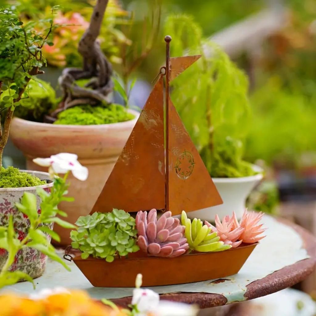 Creative 3D Sailing Ship Iron Art Plant Desktop Decoration Flower Pot Garden Decoration Ornament
