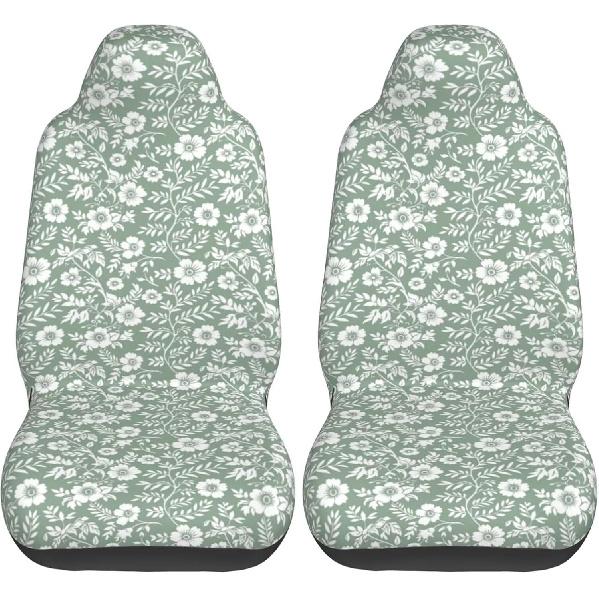 Floral Auto Seat Covers Cute Leaf Front Seat Protector Fit for Cars Sedan SUV Van Set of 2 Pcs, Sage Green Cloth Automotive Vehicle Seat Covers for