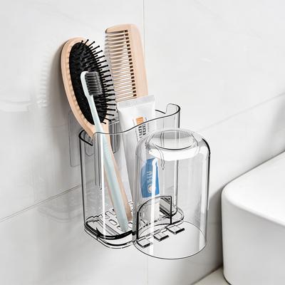 Bathroom Toothbrush Holder Wall Mounted No Drilling Acrylic Toothpaste Cup Organizer Drainage Multifunctional Bathroom Shelf