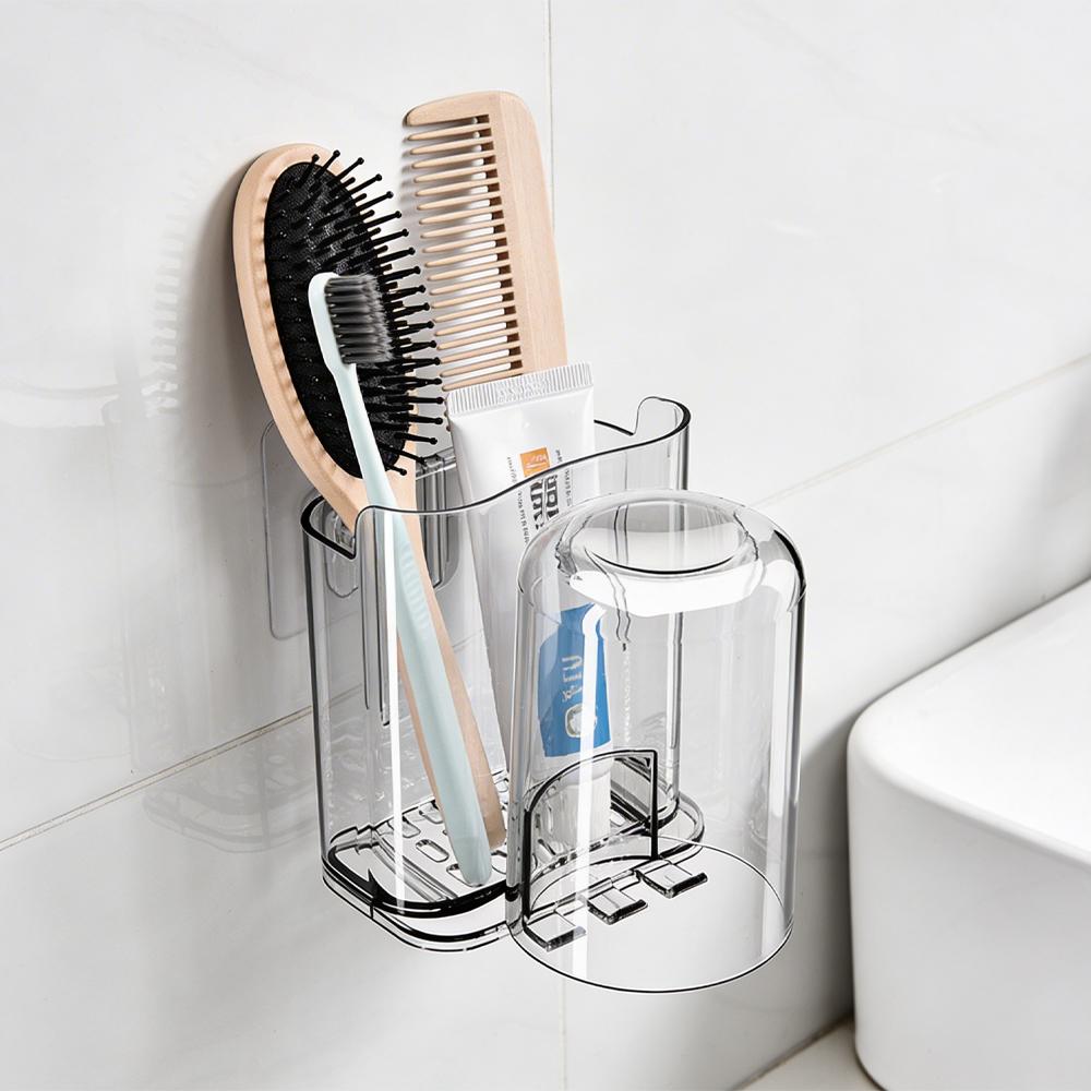 Bathroom Toothbrush Holder Wall Mounted No Drilling Acrylic Toothpaste Cup Organizer Drainage Multifunctional Bathroom Shelf