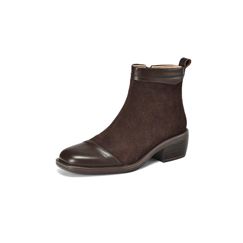Krazing Pot Cow Skin Cow Suede Winter Square Toe Thick Heels Chelsea Fashion Boots Women Zipper Patch Work Women Ankle Boots