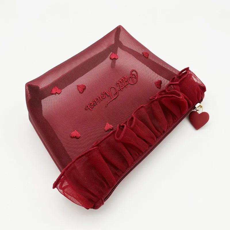 Petit Trouver Mesh Love Embroidered Lace Portable Cosmetic Makeup Bag Cute Tissuecouple gift for valentine's day products