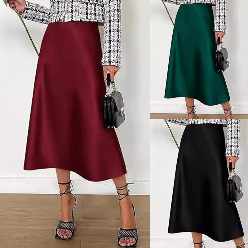 

Однотонная юбка с жемчужным блеском для женщин, элегантная модная эластичная длинная юбка с высокой талией, дышащая легкая удобная рабочая свободная юбка S чёрный