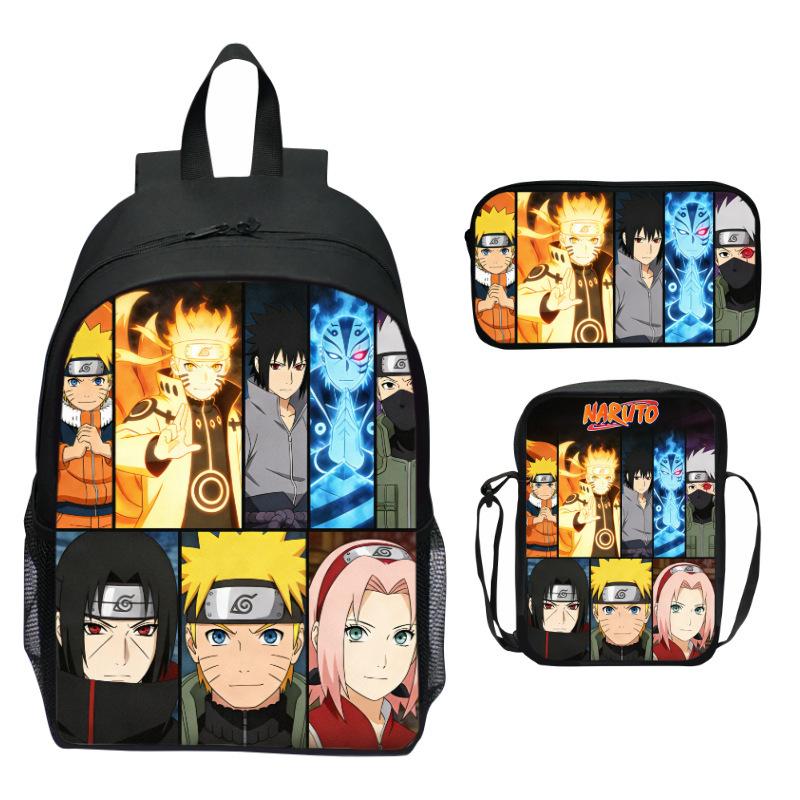 Set Zaino Anime Naruto 3 Pezzi Zaino Scuola Elementare Cartone Animato Stampato Leggero Multitasche