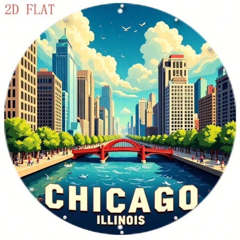 Metal Wall Art Chicago Skyline, Round Aluminum Decor Bridge River, Home Gift