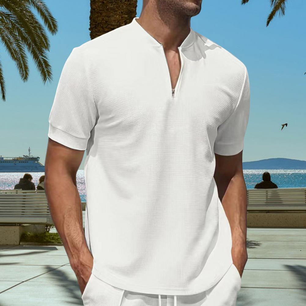 Men Stand Collar Shirt Short Sleeve Solid Color Pullover Top with Zipper Breathable Fitness Tee for Sports Travel Office Daily W