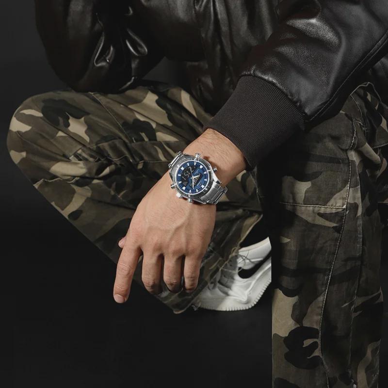 Herrenuhren Doppelanzeige Zeit Multifunktions-Countdown Sport-Alarmmodus Kreative Edelstahluhr Wasserdichte Uhr