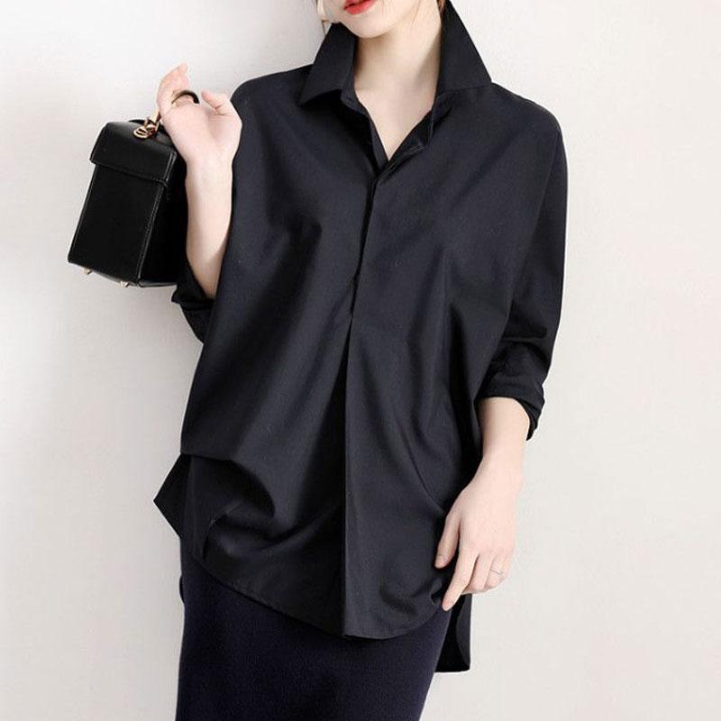 Spring Summer Loose Commute Solid Color Shirt Women's Clothing Fashion Single-breasted Korean Polo-Neck Long Sleeve Midi Blouse