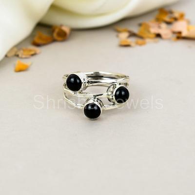 925 Sterling Silver Black Onyx Gemstone Round  Shape Ring For Women