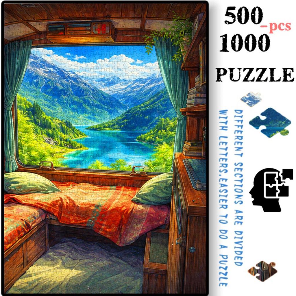 500pcs-1000pcs, Handmade Jigsaw Puzzle, Paper Puzzle, DIY Puzzle, White Card Material, RV Bedroom Window View, Snow Mountain Lake Scenery White Card M