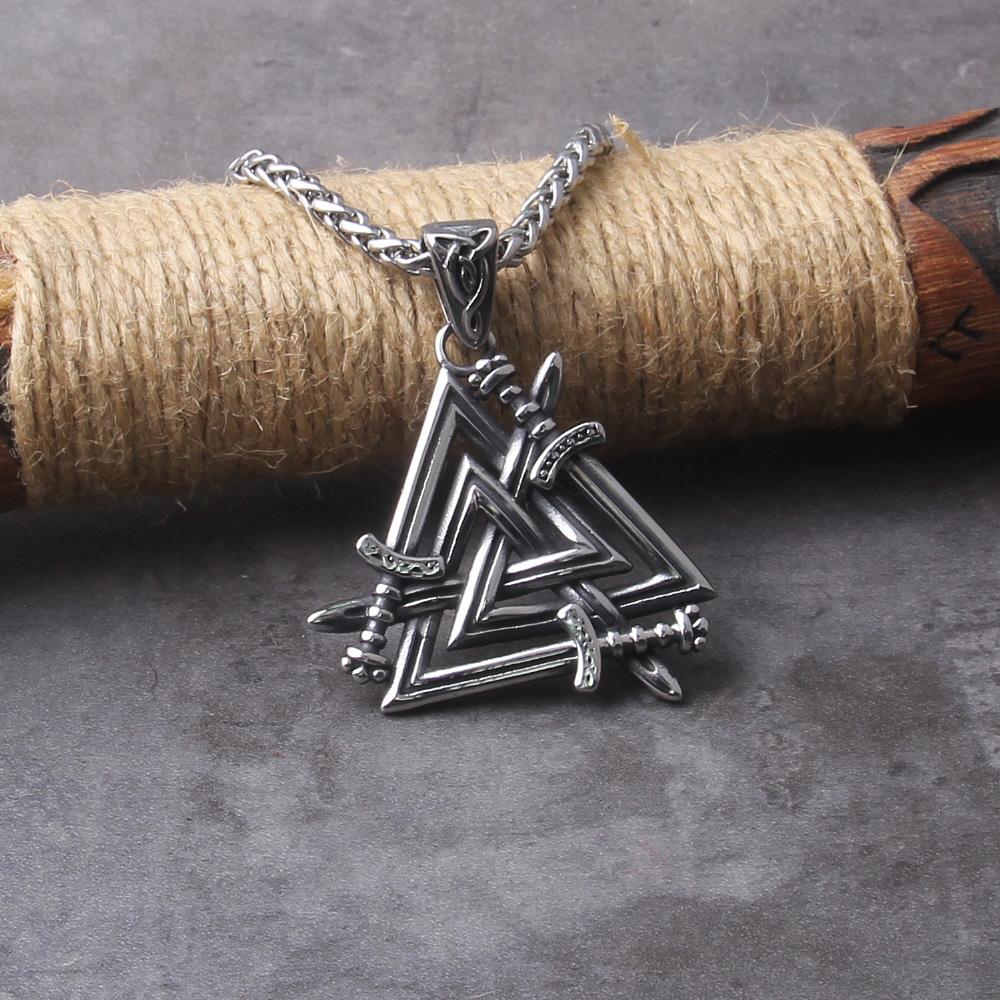 Stainless Steel Sword Valknut Necklace Viking Jewelry for Men Packed In Wooden Gift Box