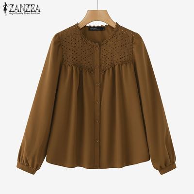 Blusa casual feminina de renda crochê patchwork manga comprida