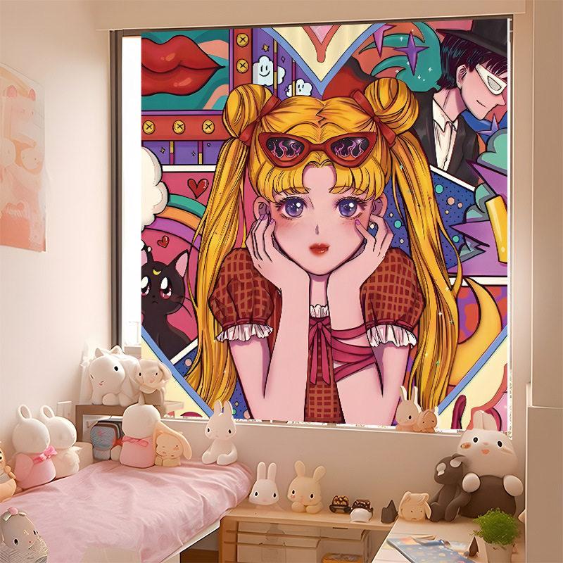 Retro Bright Anime Girl Tapestry, Sweet Japanese Manga Wall Hanging for Living Room Bedroom Esports Room Home Decor