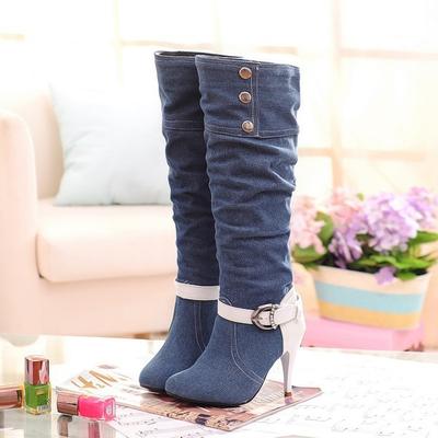 Fashion XJRHXJR Plus Size 34-43 Pointed Toe Women Spring Autumn Winter High Heels Denim Knee High Boots Lady New Fashion Jean Long Boots
