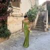 European and American Style Sleeveless Green Satin Backless Dress with Tie-Up Skirt Maix Dress New