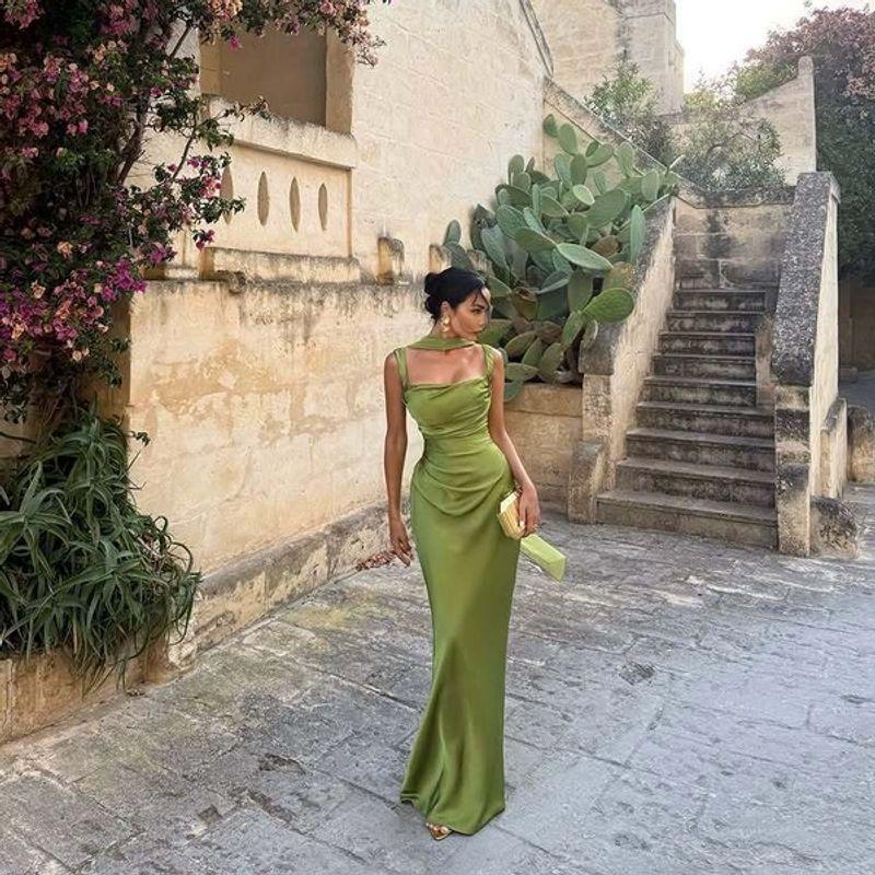 European and American Style Sleeveless Green Satin Backless Dress with Tie-Up Skirt Maix Dress New