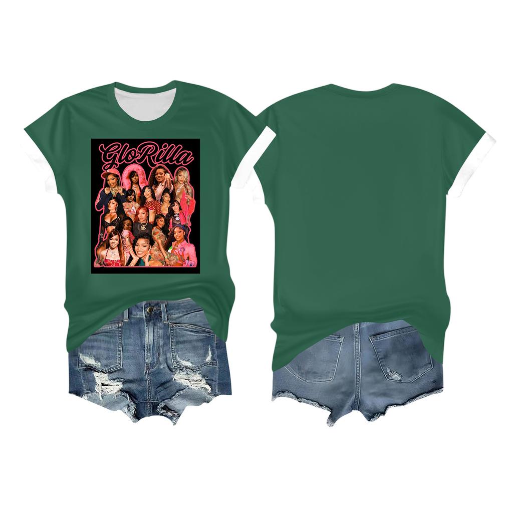 Kvinners avslappet trykket t-skjorte rund hals genser kort ermet topp