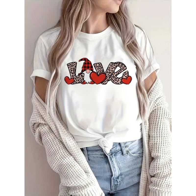

European Size Women s Valentine s Day LOVE Letter & Cupid Print T-Shirt - Short Sleeve Round Neck Blouse with Heart & Sweet Phrases 4XL