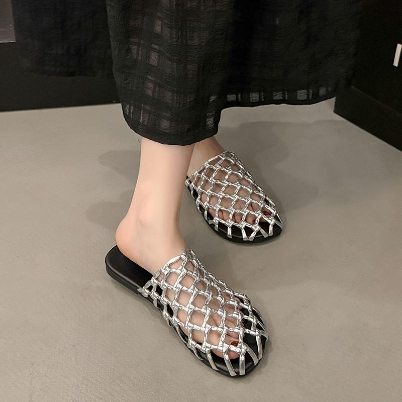 Women's Woven Mesh Breathable Flat Shoes Summer New Round Toe Shallow Mouth Soft Sole Anti-slip Wear-resistant Slippers