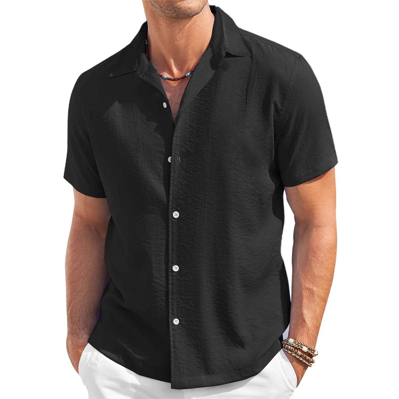 

Men s Fashion Collar Solid Color Short Sleeved Cotton Linen Shirt Button Casual Shirt Top L