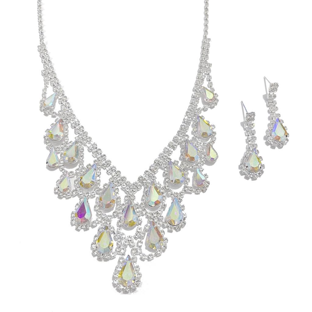 Fashion Crystal Full Diamond Necklace Earrings Two-piece Evening Dress Accessories Dinner Party Jewelry Bridal Accessories Women