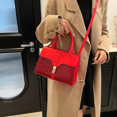 New Crocodile Pattern Splicing Fashionable Solid Color Casual Large Capacity Trend Simple Fashion Crossbody Shoulder Small Square Bag