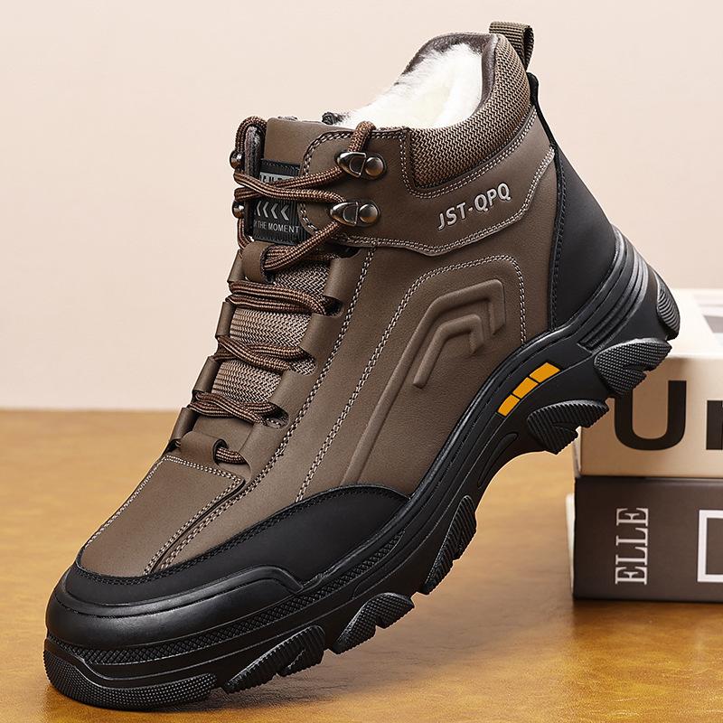 

Winter Work Boots for Men Outdoor Hiking Leather Warm Fur Lined Snow Booties Walking High-Top Shoes Men s Lace-Up Non-Slip Waterproof Trekking Shoes 44
