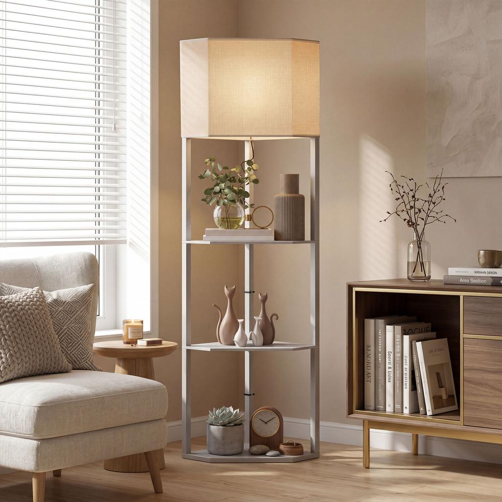 Corner Floor Lamp with Shelves, Tall Standing Lamps for Living Room, with Pull Chain Switch Bulb not Included, Grey