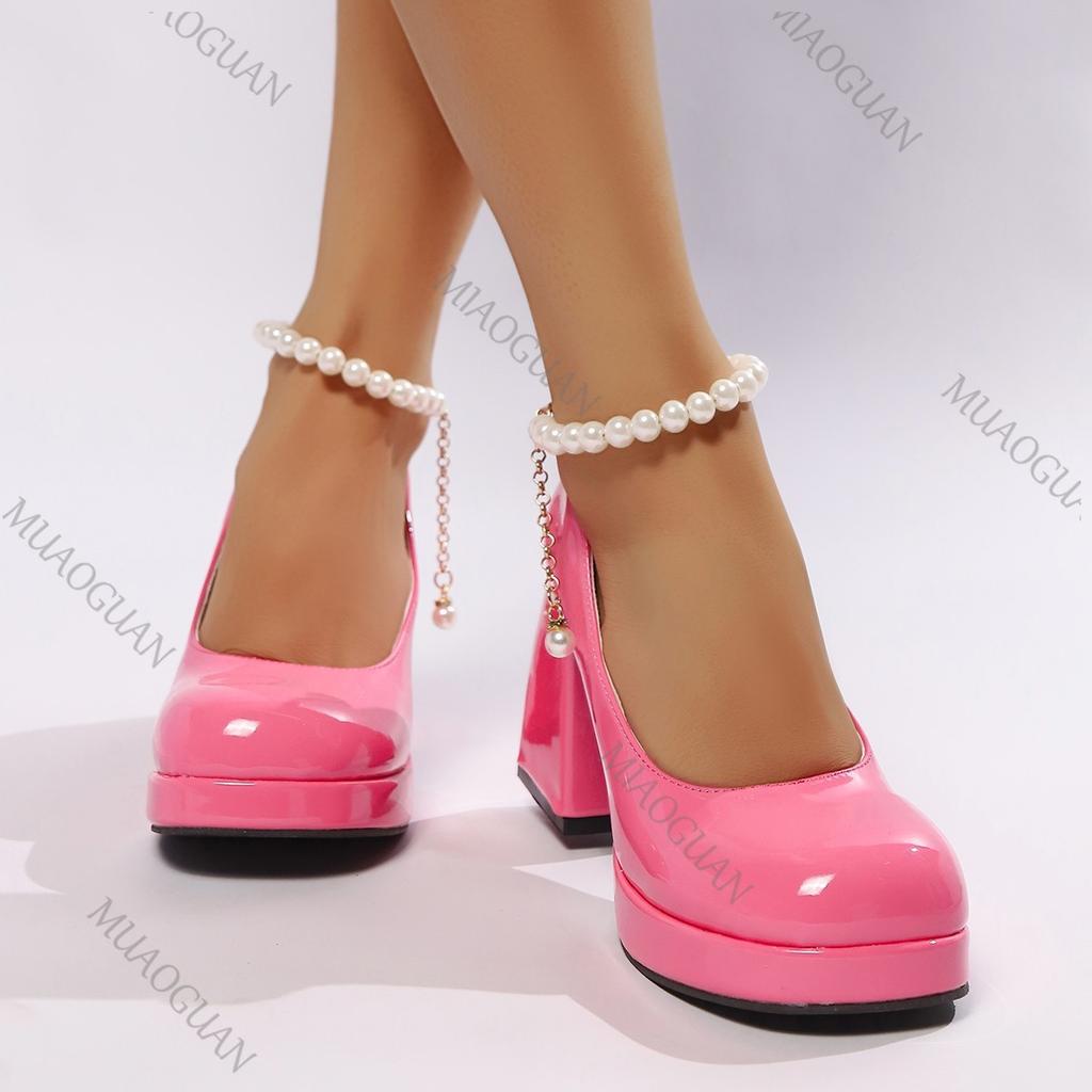 Fashion Chunky Platform High Heels Pumps Women Fashion Pearl Ankle Strap Party Shoes Woman Patent Leather Thick Heeled Mary Jane Shoes