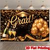 2D Graduation Background, Elegant Black Gold Grad Party Decor Banner with Grad Cap and Champagne for Photoshoot