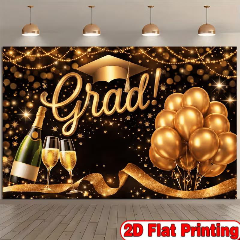 2D Graduation Background, Elegant Black Gold Grad Party Decor Banner with Grad Cap and Champagne for Photoshoot
