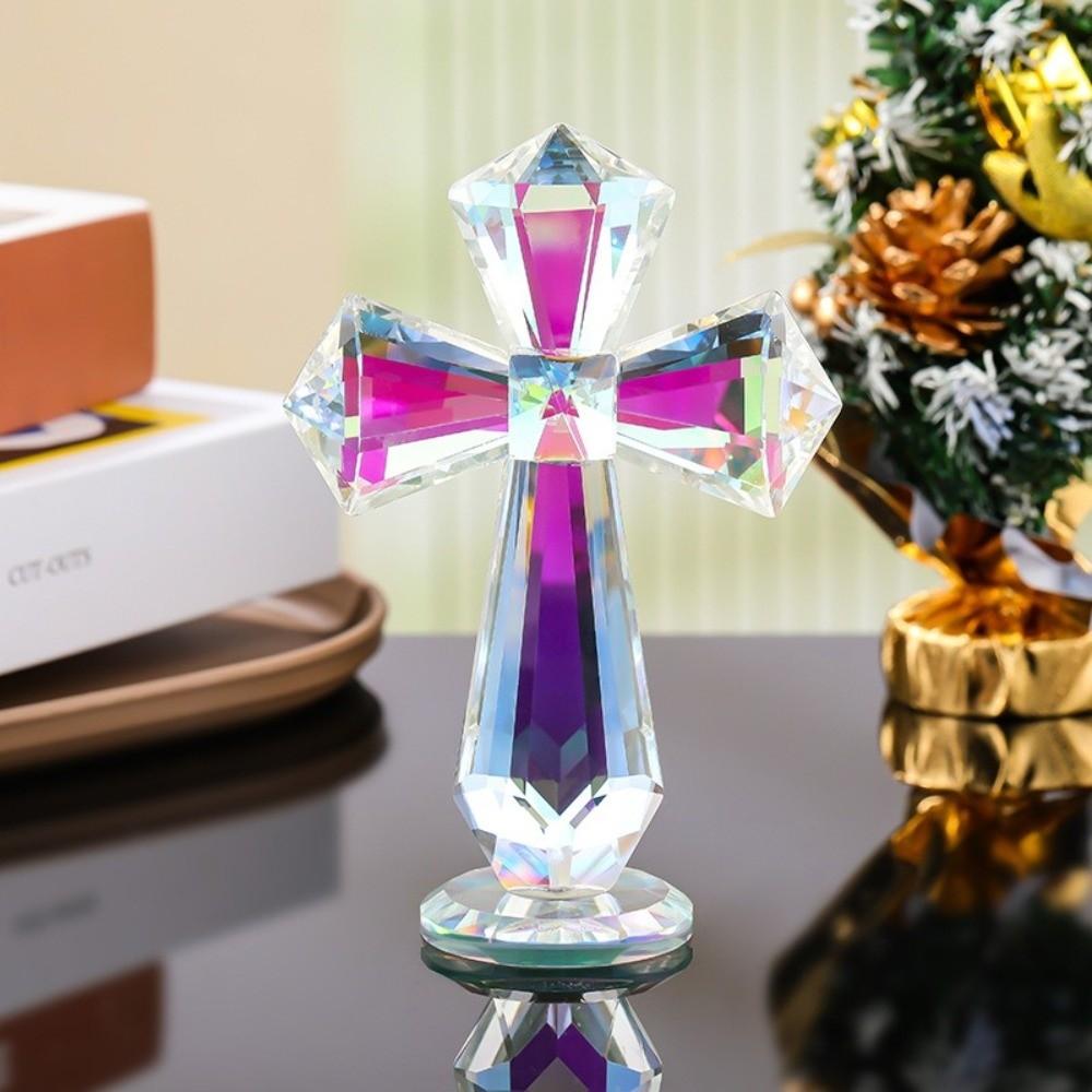 Crucifix din Cristal Sculptat Manual Design Fațetat 360° Ornament de Staționare Cadou Spiritual Creștini Cristal Culoare AB Figurină Religioasă