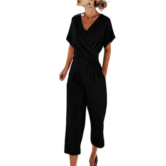 Women's 2 Piece Outfits Asymmetrical Hem V Neck Short Sleeve Ruched Top And Cropped Pants Set Summer Casual Lounge Sets
