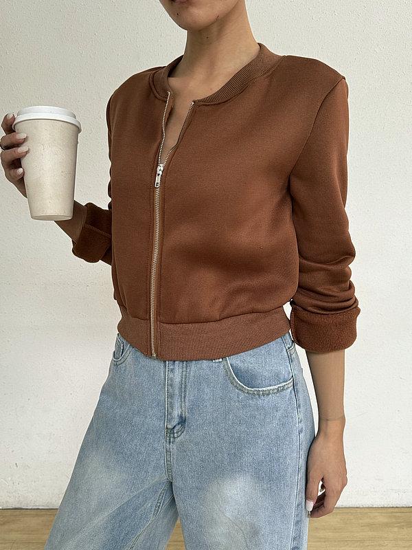 Frühling 2025 Damen Langarm Rundhals Reißverschluss Strickjacke - Einfarbig, Lockerer Schnitt, Schlankmachende Kurze Freizeitjacke