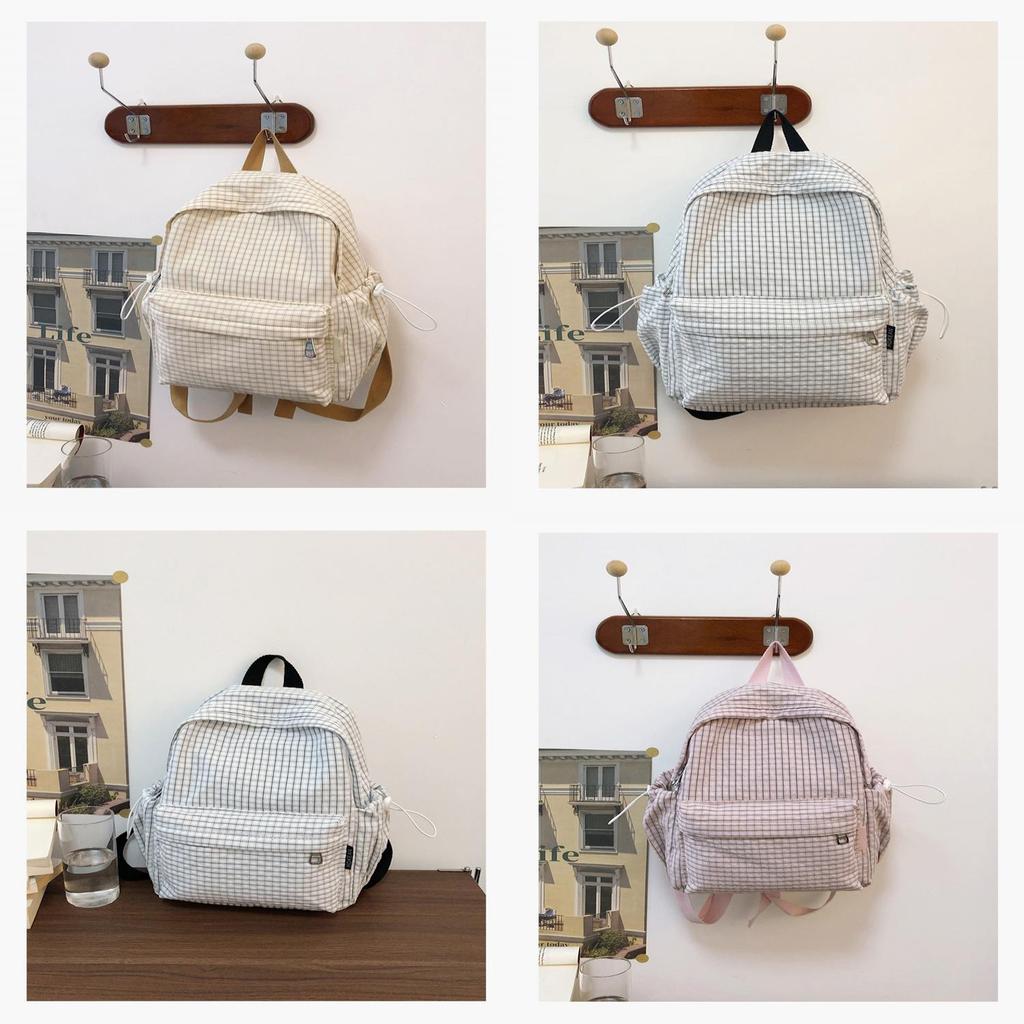 Schoolgirl Nylon Plaid Backpack With Fabric And Curved Shoulder Straps For High School Students