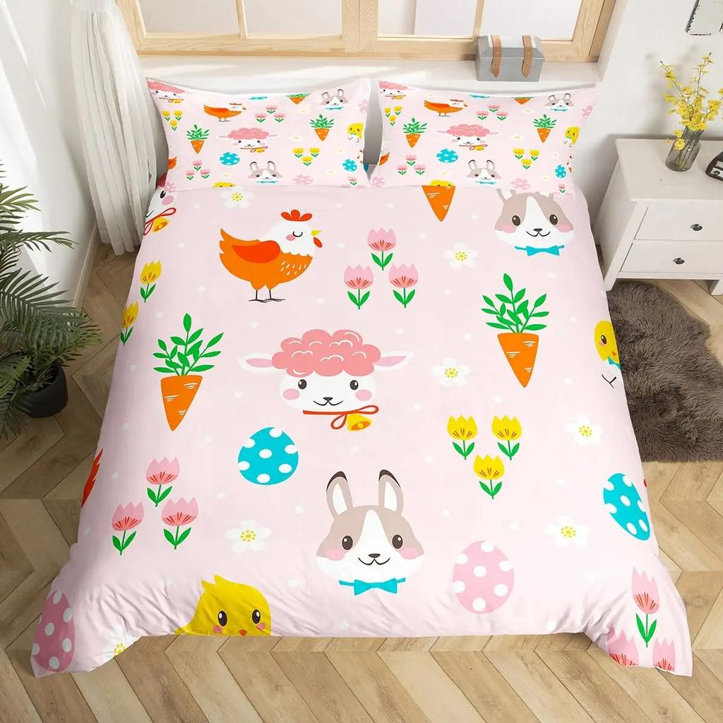 Comforter Kawaii Rabbit Cute Pet Animal Comforter Boho Floral Easter Eggs Bedding Set Happy Easter Gifts For Girls Teens