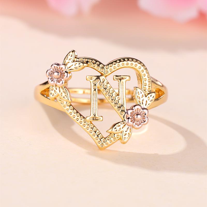 

Кольца с инициалами и цветком в форме сердца, регулируемые нежные кольца с буквами и листьями золотого цвета для женщин и девочек, ювелирные изделия с алфавитом N золотой