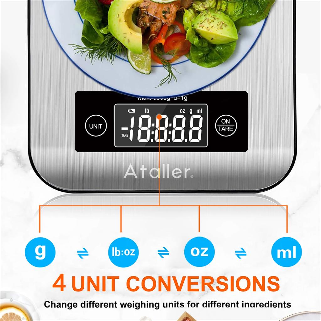 Ataller Smart Kitchen Food Scale Electronic Bluetooth APP Digital Weight Balance With Nutrition Analysis 5kg Stainless Steel