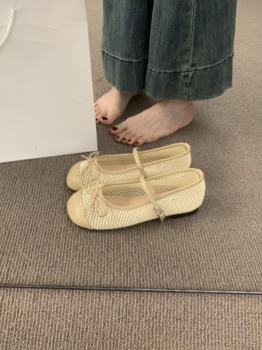 

French flat bottom one-word buckle with mesh Mary Jane shoes are versatile and not tired, soft sole pink ballet single shoes women 40