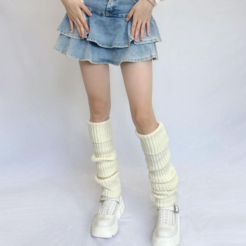 Dames Winter Herfst Dik Geribbelde Gebreide Beenwarmers Harajuku Effen Kleur Japanse Stijl Voetbedekking Dij Hoge Sokken