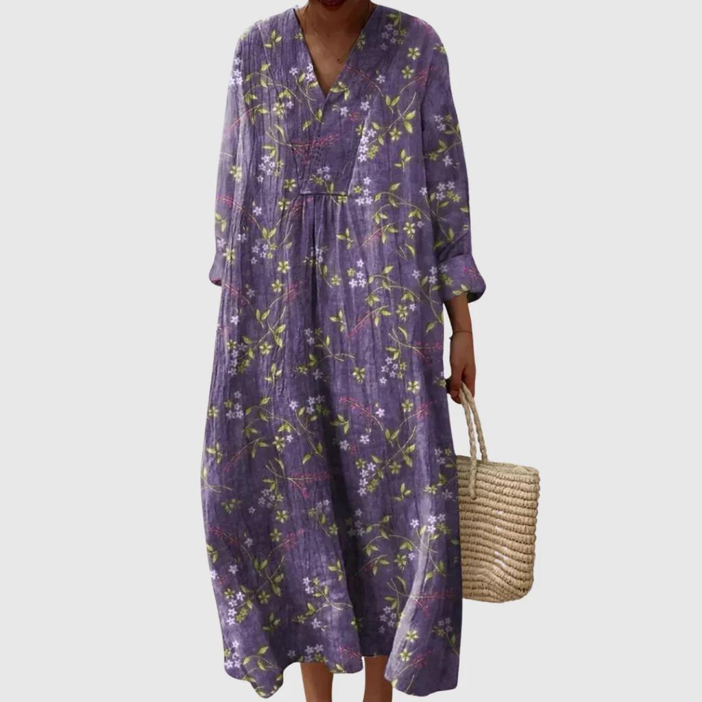 Fashion Vacation Style V-Neck Long Sleeve Printed Loose Beach Dress Women's Stylish Color Block Design Long Dress