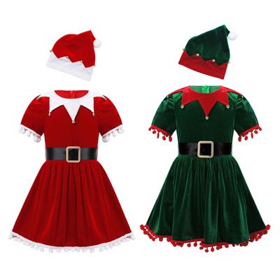 Children Girls Christmas Mrs Santa Claus Cosplay Costumes Holiday Festive Suit Party Fancy Dress with Hat Set