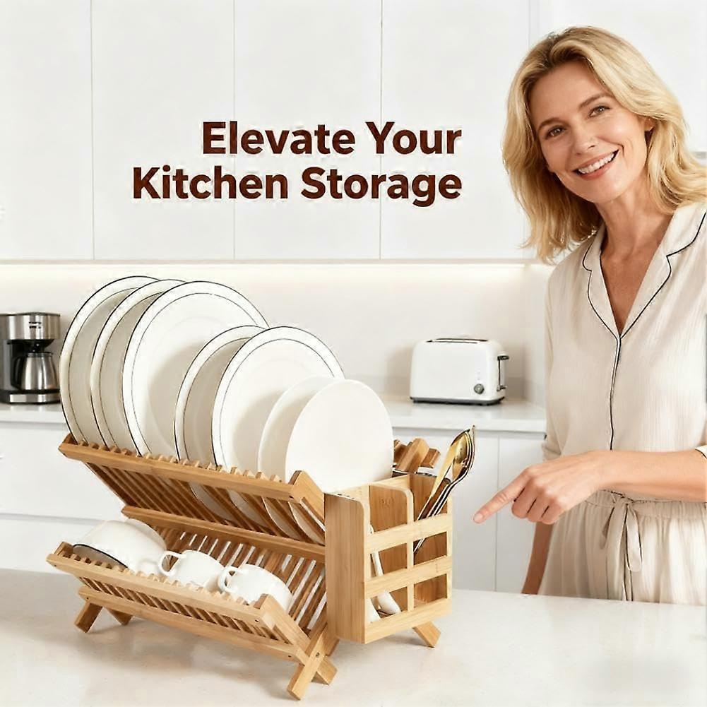 Dish Drying Rack 2-Tier Bamboo Dish Rack for Kitchen Counter Wooden Dish Drainer with Foldable Space-for Dishes, Plates