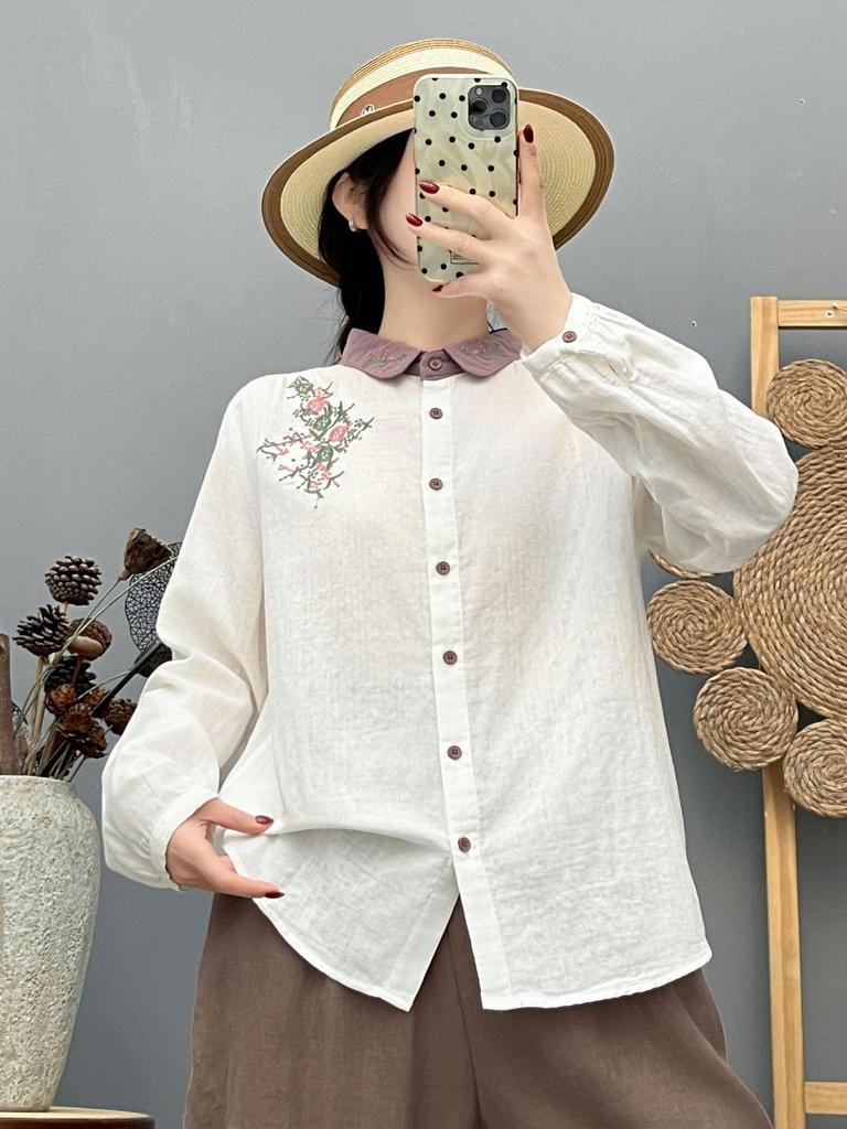 Women's Retro Embroidered Collar Double-Layer Cotton Long-Sleeve Shirt, Spring 2026 Collection - Soft, Skin-Friendly, and Breathable