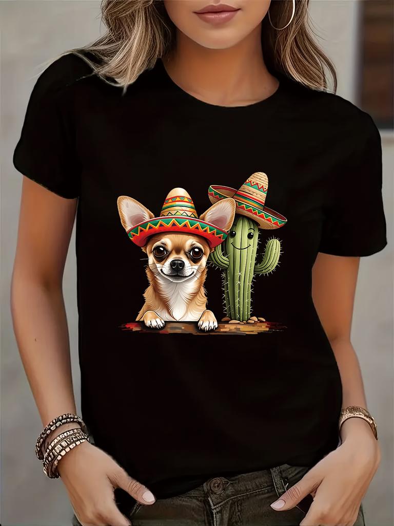 Women's T-shirt Short Sleeve Round Neck Casual Top with Chihuahua Print Soft Comfortable Suitable for Daily Wear for Women