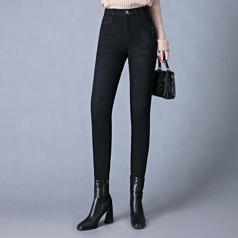 

2024 Autumn/Winter Women s High Waist Non-Fading Slimming Jeans with Elastic Fleece-Lined 30 чорний